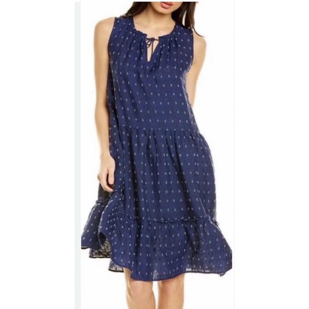 J. McLaughlin XS Navy Christa Linen Tiered Clip Dot Swing Dress Coastal Beach